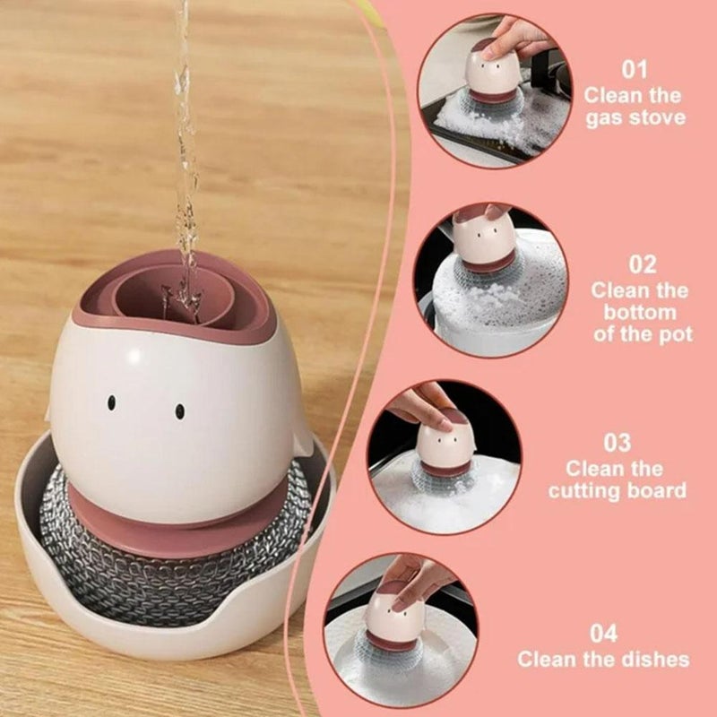 Dish Brush with Soap Dispenser, Automatic Liquid Dishwashing Brushes,Kitchen Scrub Brush for Dishes Pots Pans Sink Cleaning, Cute Chick-shaped Dish Scrubber with Holder Set - Image 4